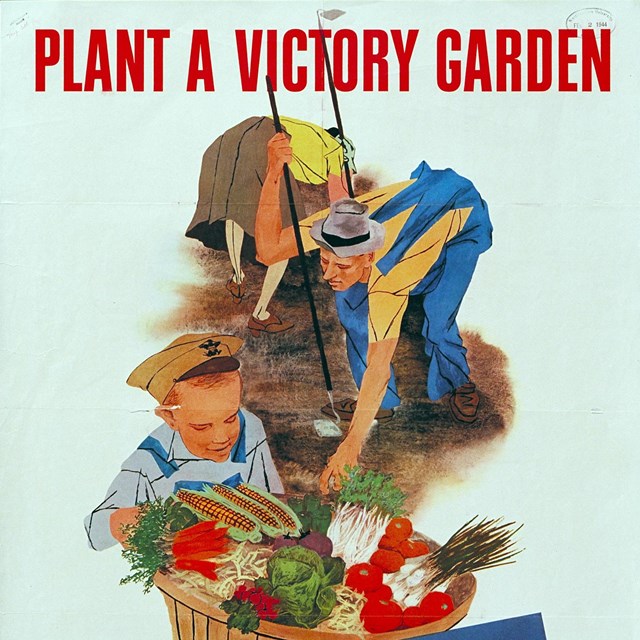 Colorful poster of people gardening and holding a basket of vegetables with text