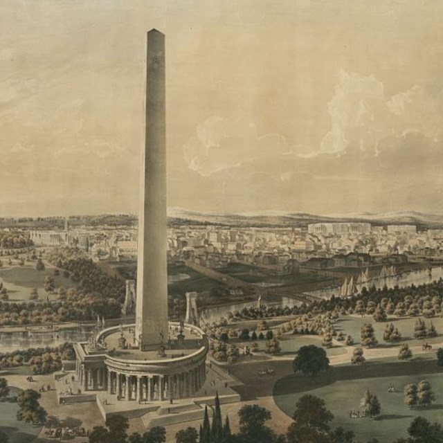 Illustration of Washington DC with the original plan for Washington Monument including a collon