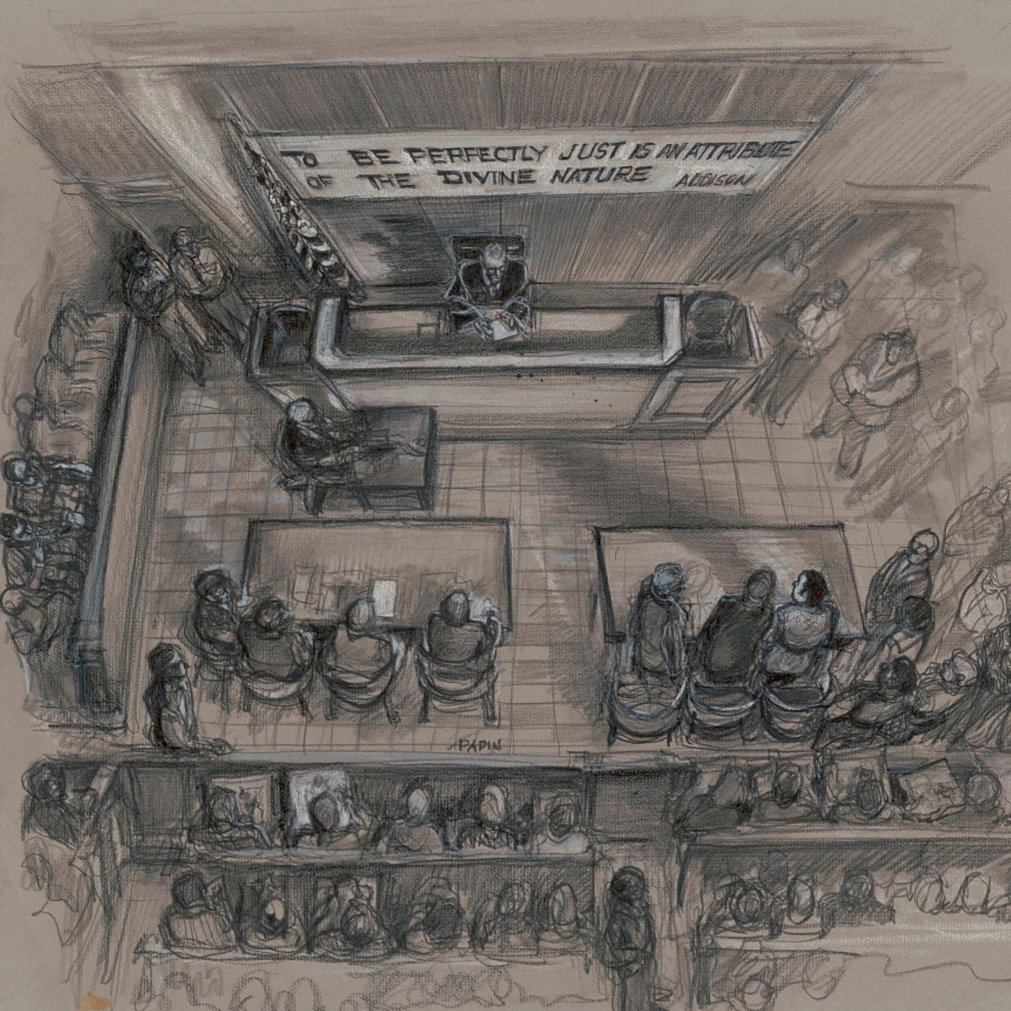 A drawing showing a birds-eye view of a courtroom