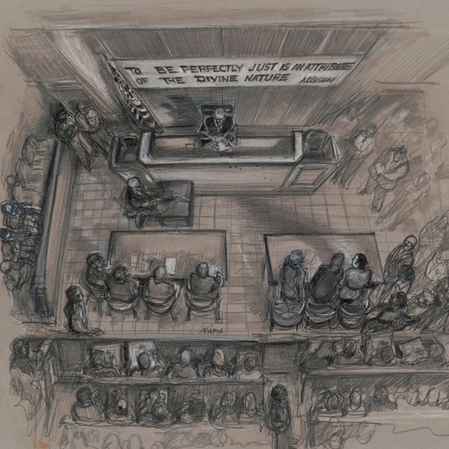 A drawing showing a birds-eye view of a courtroom