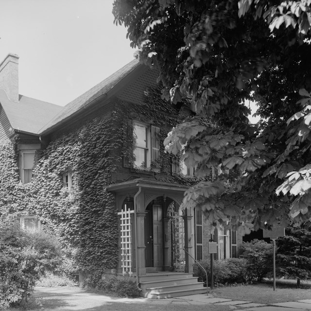 Elegant two-story house covered in ivy.