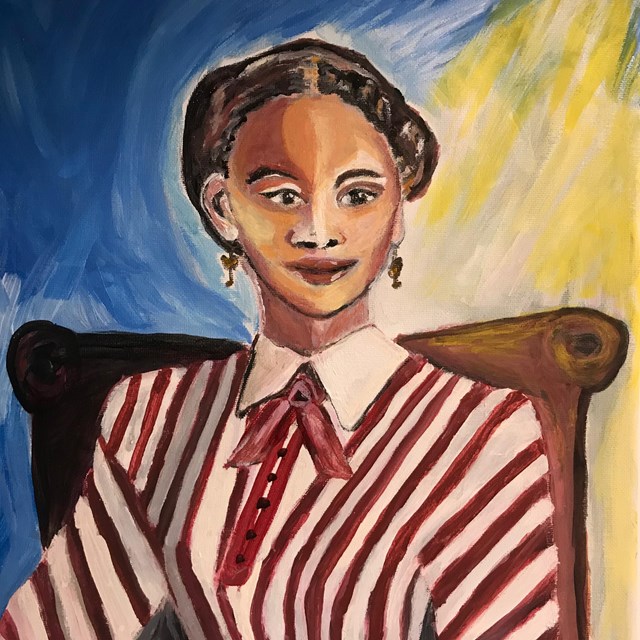 painting of a black woman wearing read and white-striped bloused.