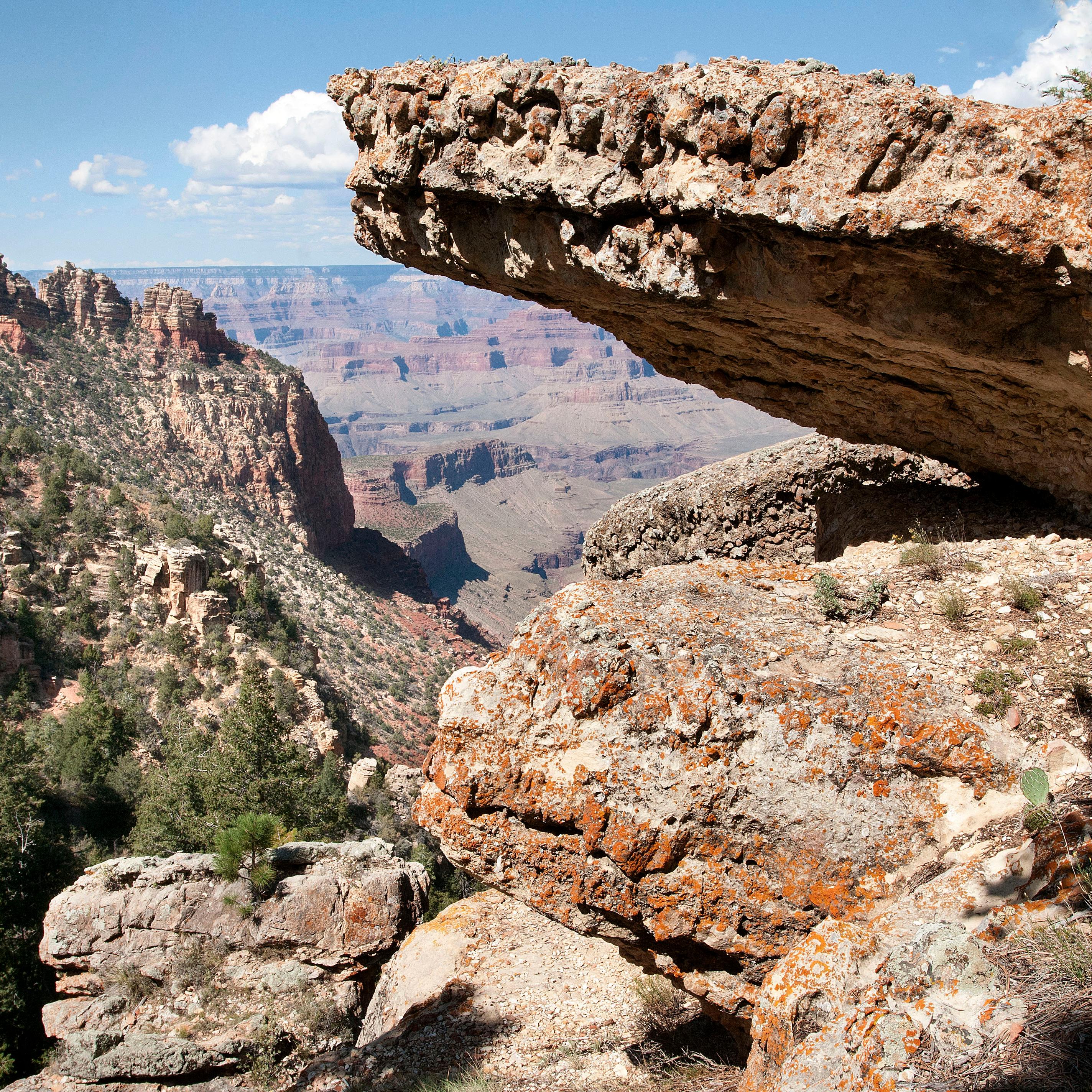 Photo of layered rock with cliffs and canyons in the distance.