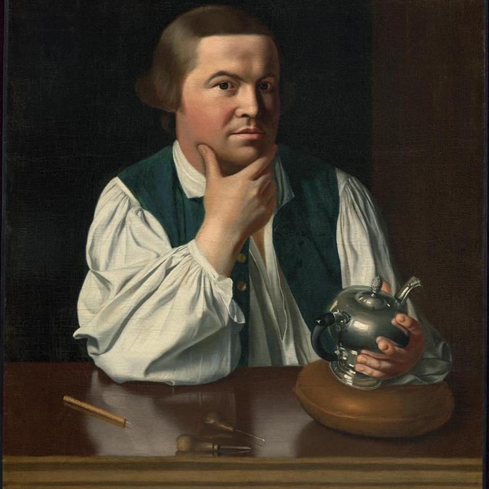 A painting of a white man in colonial cloths holding a silver teapot looking directly at the viewer