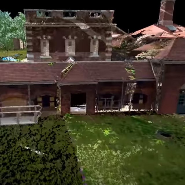 3D render of stone building and connecting passageway