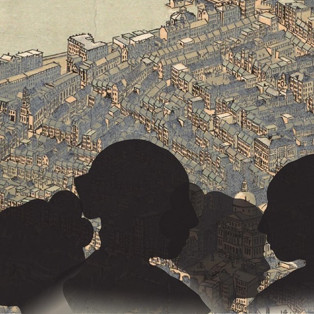 silhouettes of women against a birds-eye map of Beacon Hill