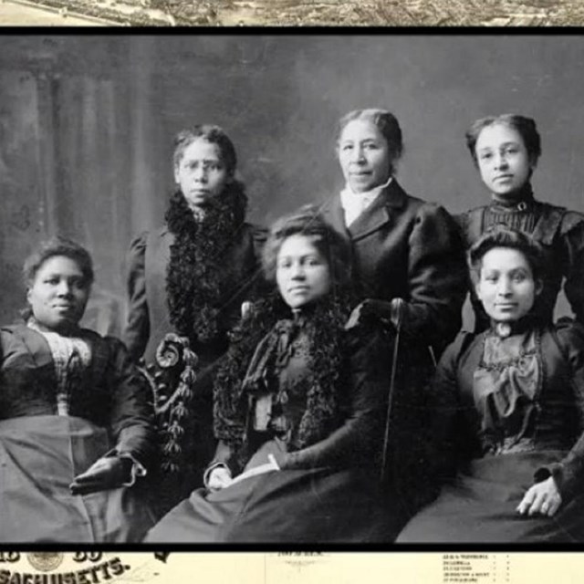 Still of video with NPS ranger and historical photo of Black women