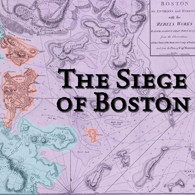 Map of Boston and Harbor. Shaded in red (British), blue (American), and purple (contested land)