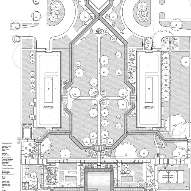 Measured drawing of administrative building and grounds