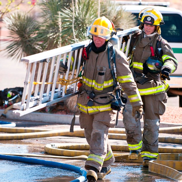 Two firefighters in turnout gear carry a ladder.