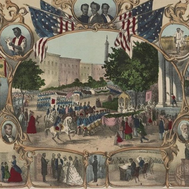 A painting with the image of a parade