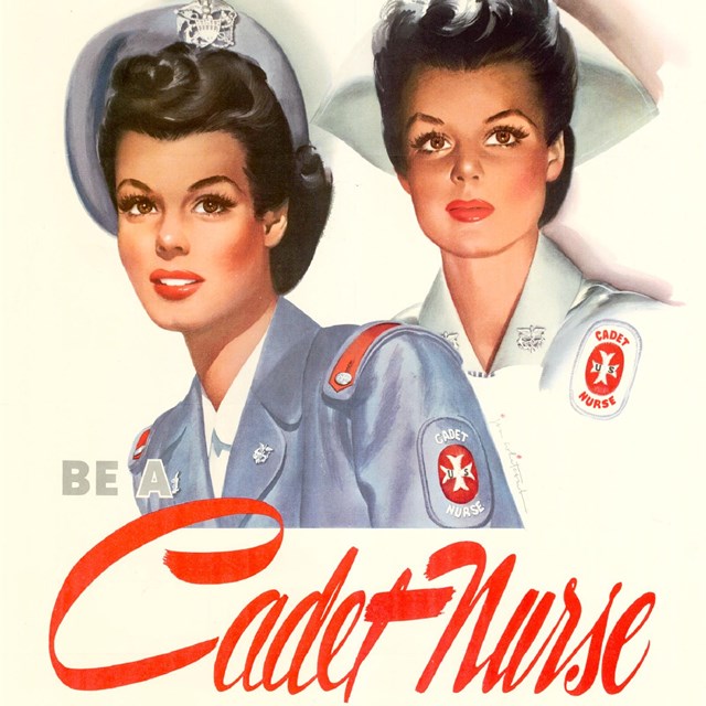Illustrated image of white brunette women wearing nursing uniforms with text Cadet Nurse