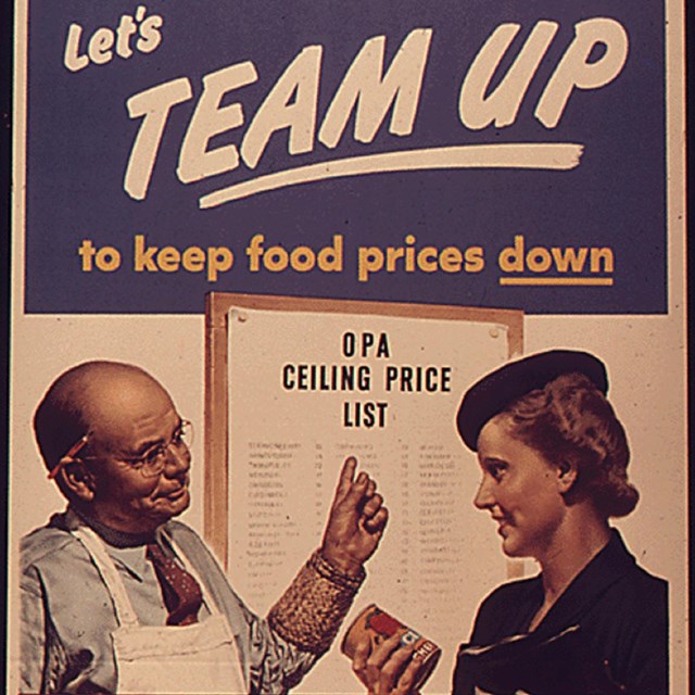 Poster with woman holding can of food and man in apron with text 