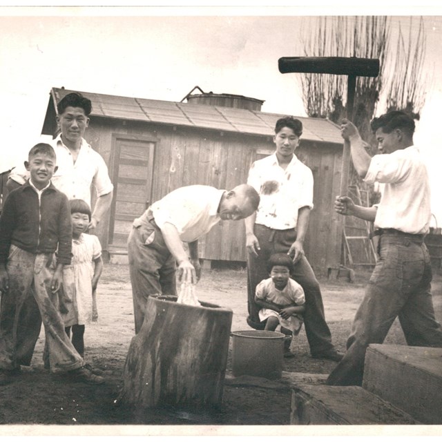 Black and white photo of Japanese American family pounding rice to make mochi rice cakes.