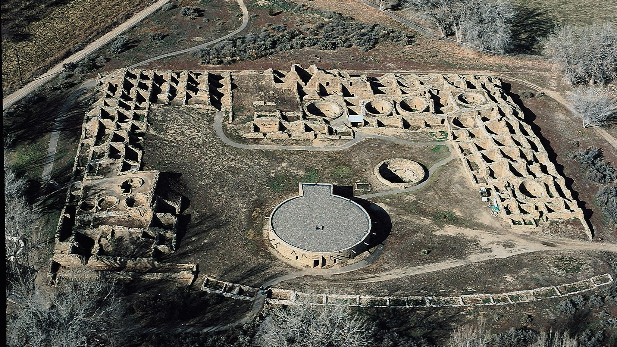 An aerial view of the Aztec West great house showing hundreds of open rooms and large circular kivas