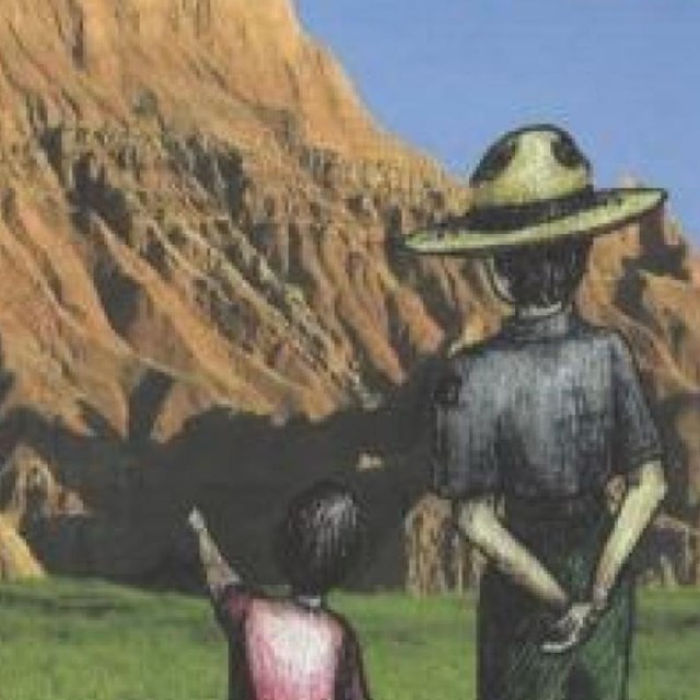 a cartoon ranger and child stand in front of and look at badlands formations.