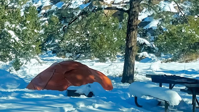 An image of an orange tent surrounded by snow.