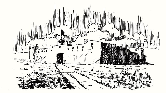 A black and white line drawing of fortress showing round towers at opposite ends and a flag flying.