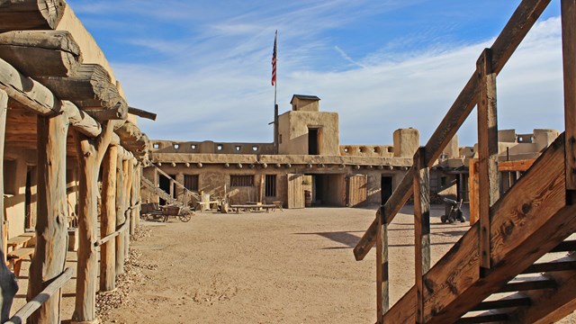 An open plaza of an adobe structure
