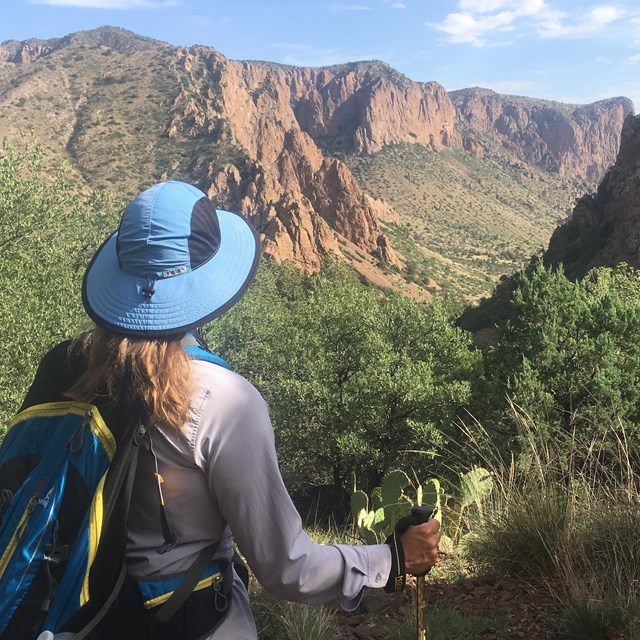 A hiker enjoys majestic views in the Chisos Mountains.