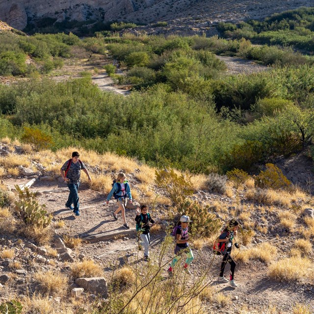 A group of students walking down a trail in the desert.