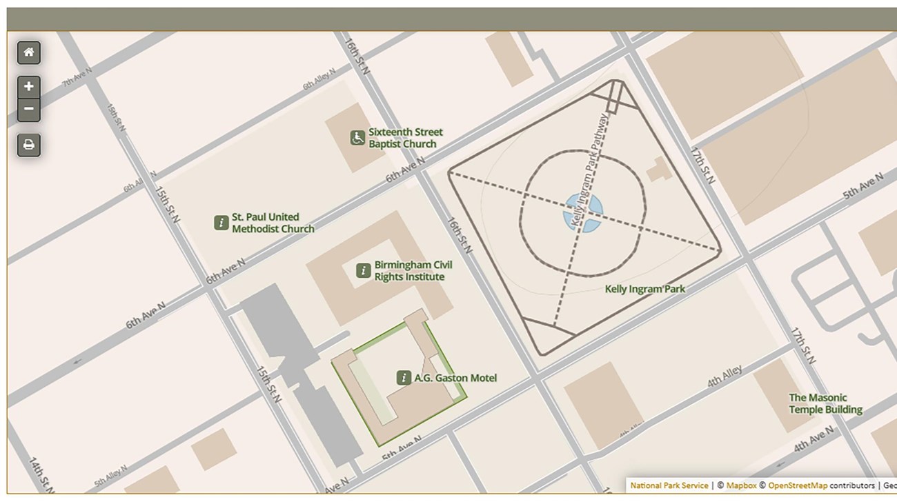 A map showing the Gaston Motel next to the Birmingham Civil Rights Institute.