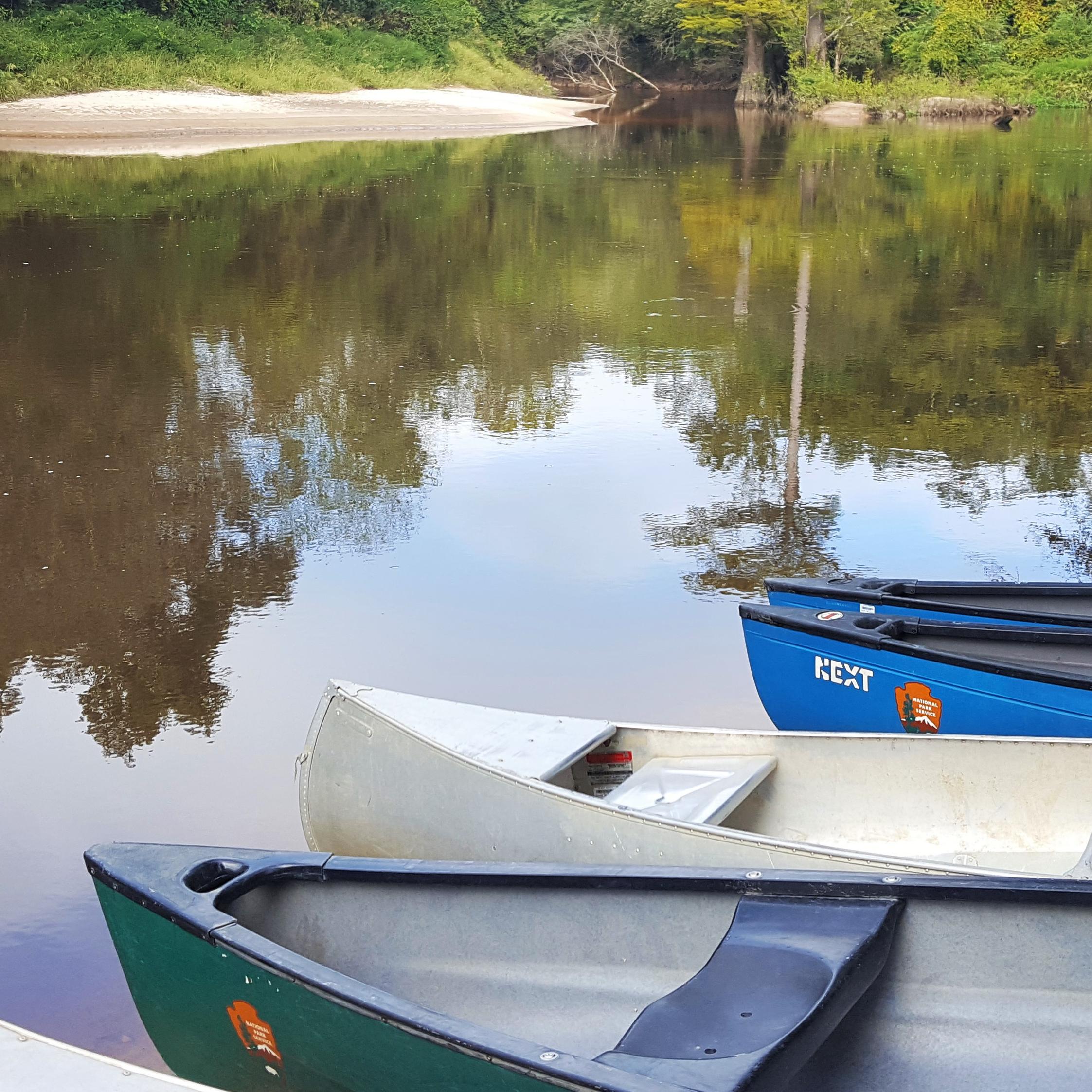 several canoes sitting side by side at a boat launch on the river