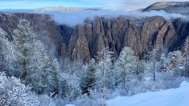 Snow-covered canyon walls on overcast winter day. Trees in foreground.