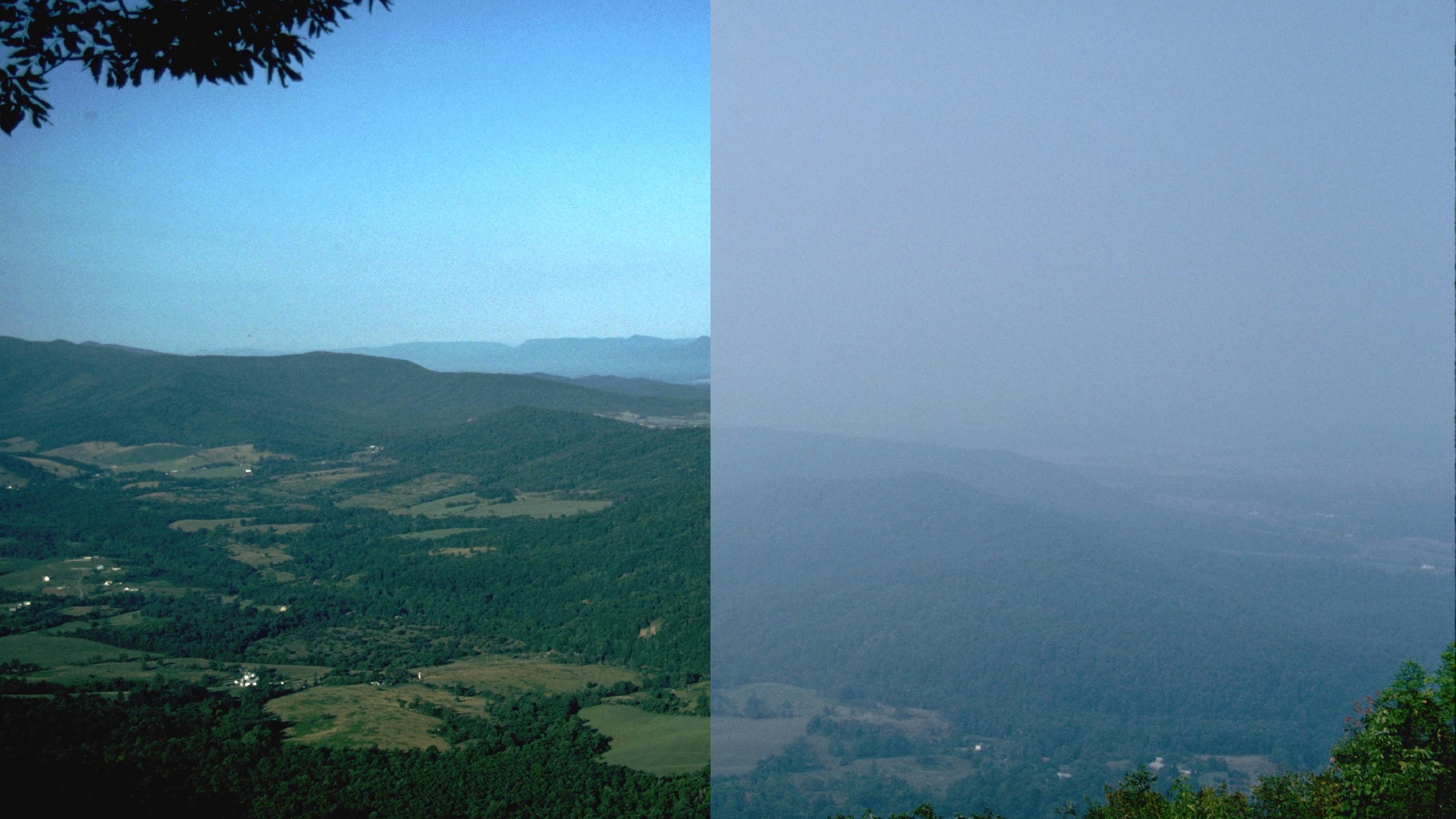 Image split in half. Left side shows a clear day with a green landscape. Right shows a hazy day.