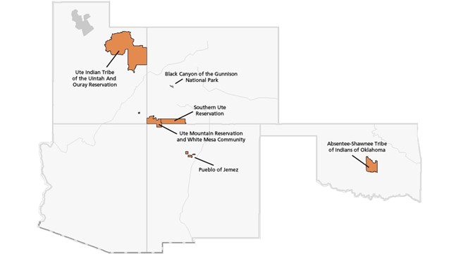 Map with orange shaded areas and white outlined states showing traditionally associated tribes. 