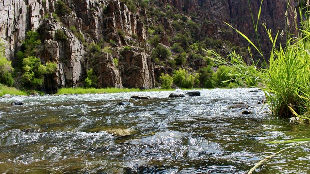 A clear river flows between steep, dark canyon walls. Green vegetation grows along the bank.