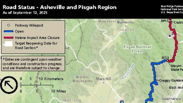 Map of planned closures, detours and estimated reopening dates for Asheville/Pisgah region of NC