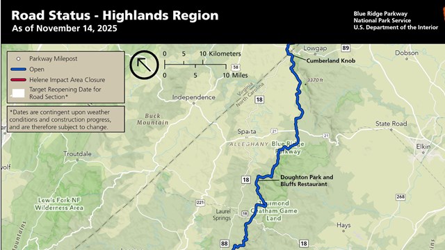 Map of planned closures, detours, and estimated reopening dates for Highlands Region of NC
