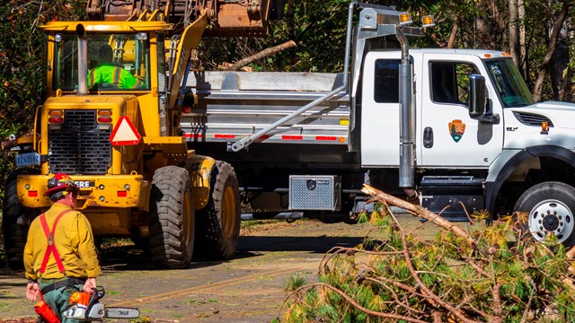 Equipment moves tree sections off roadway