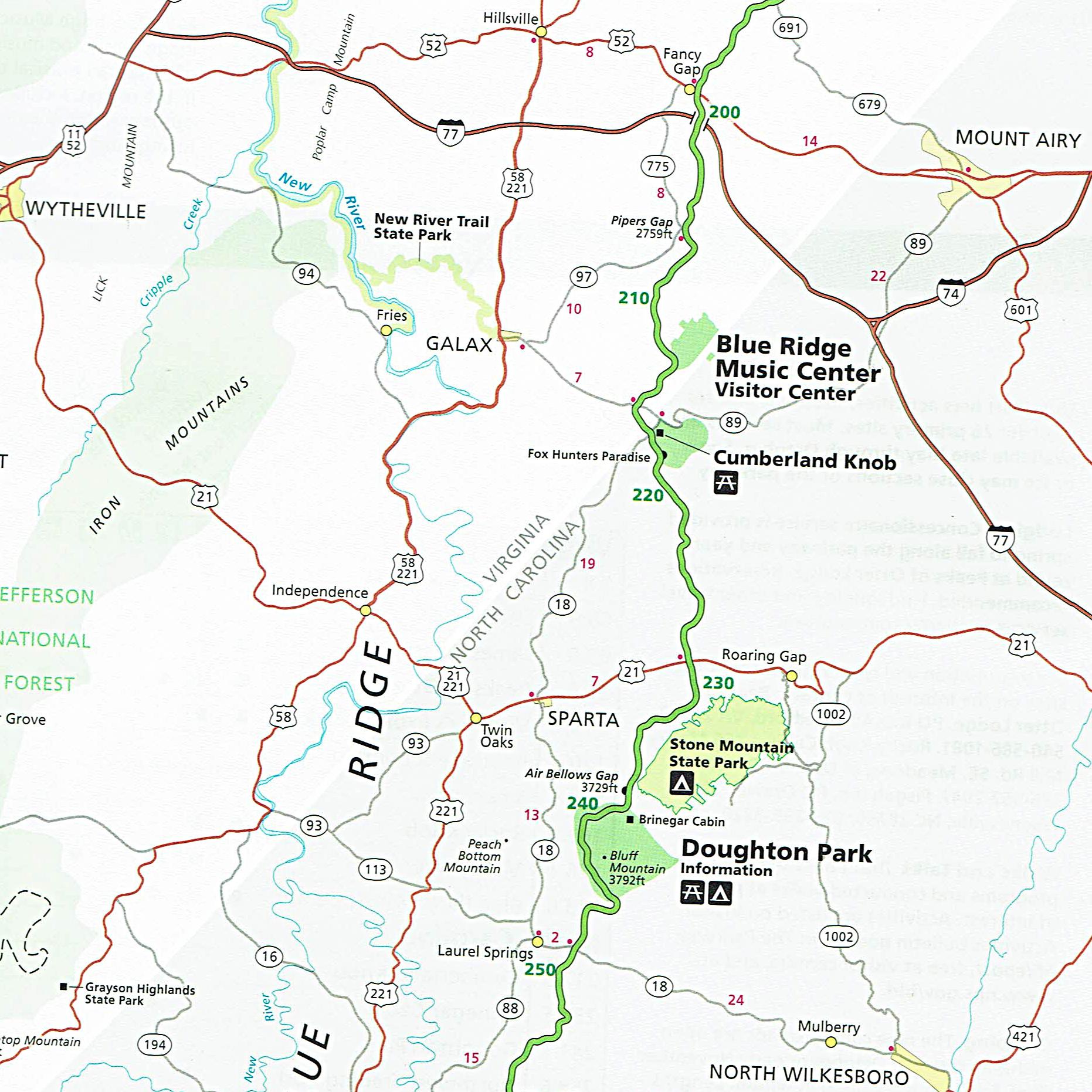 A map showing a portion of the Parkway map, near the NC/VA line.