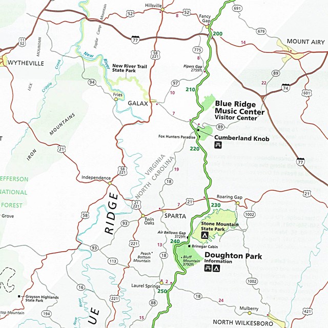 A map showing a portion of the Parkway map, near the NC/VA line.
