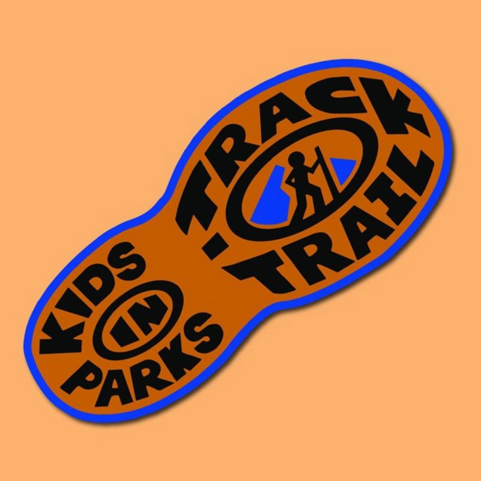Shoe shaped logo that says Kids In Parks Track Trail on the inside with an orange background