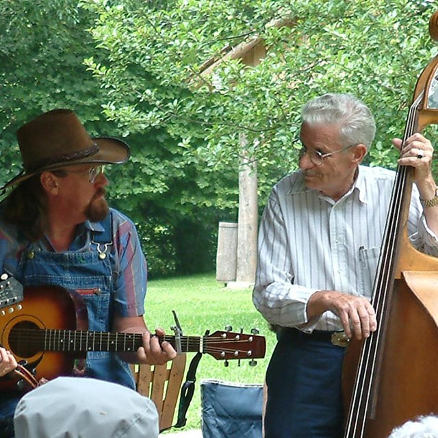 A group of musicians play in a string band