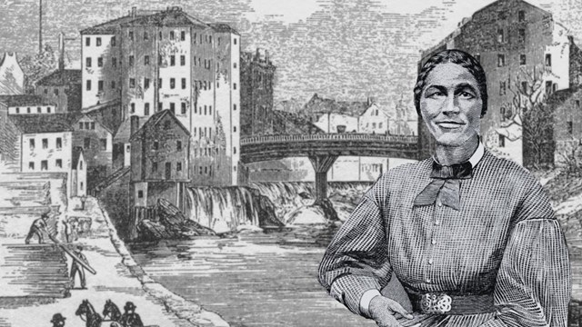 Wood cut of industrial setting with river, mills, and bridge with woman superimposed