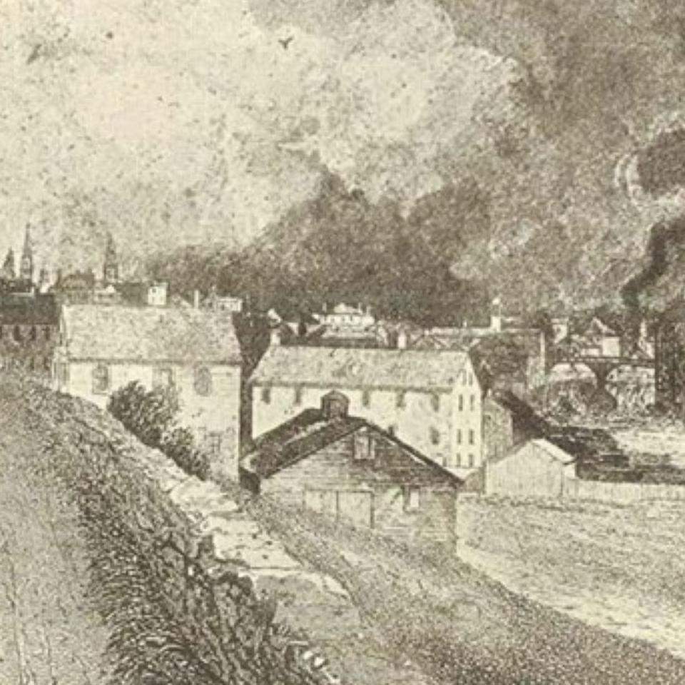 A drawing of a town with a river, boat, and wagon