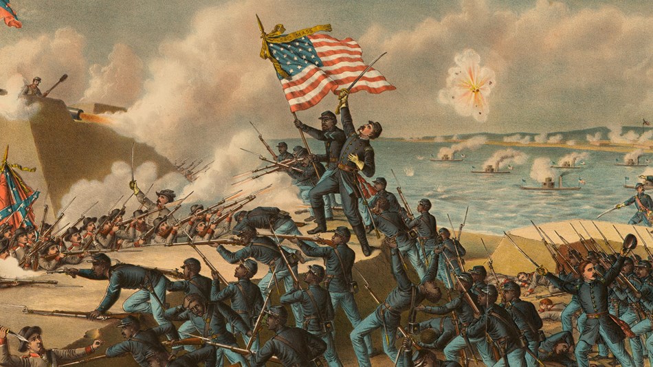 Print of Union soldiers storming the walls of Fort Wagner and fighting Confederate soldiers.