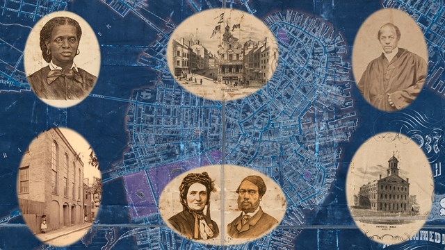 Map with cameo images in sepia tone of individuals and buildings