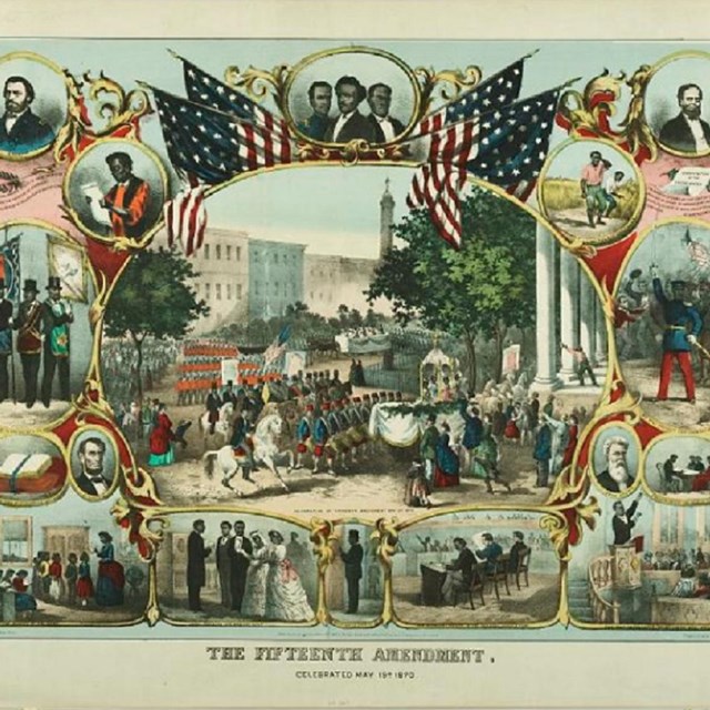 A colorful commemorative print with various scenes promoting the 15th Amendment.
