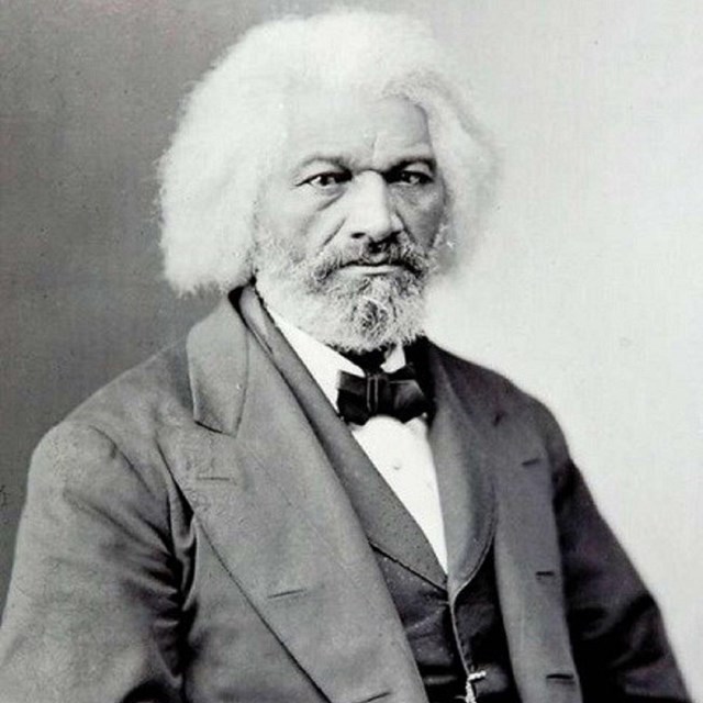 An white-haired Black man (Frederick Douglass) with a white beard and mustache sitting down. 