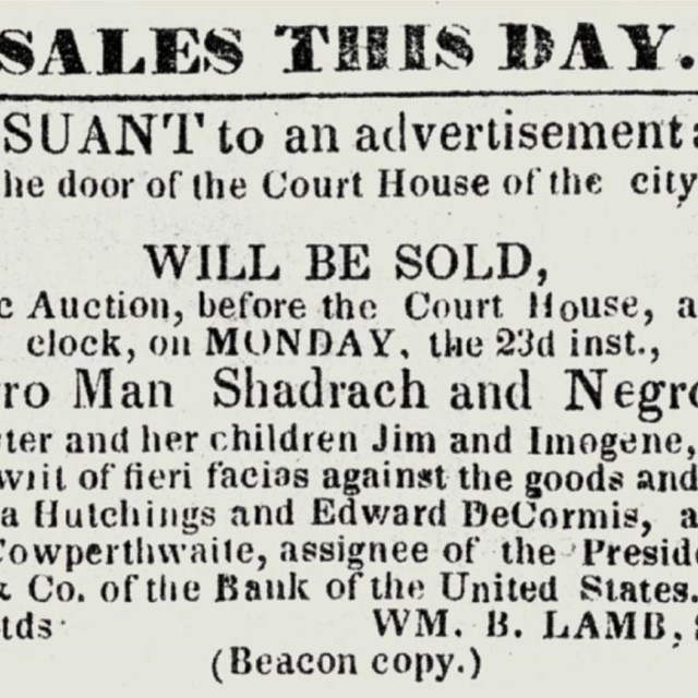 Newspaper advertisement about the sale of Shadrach Minkins