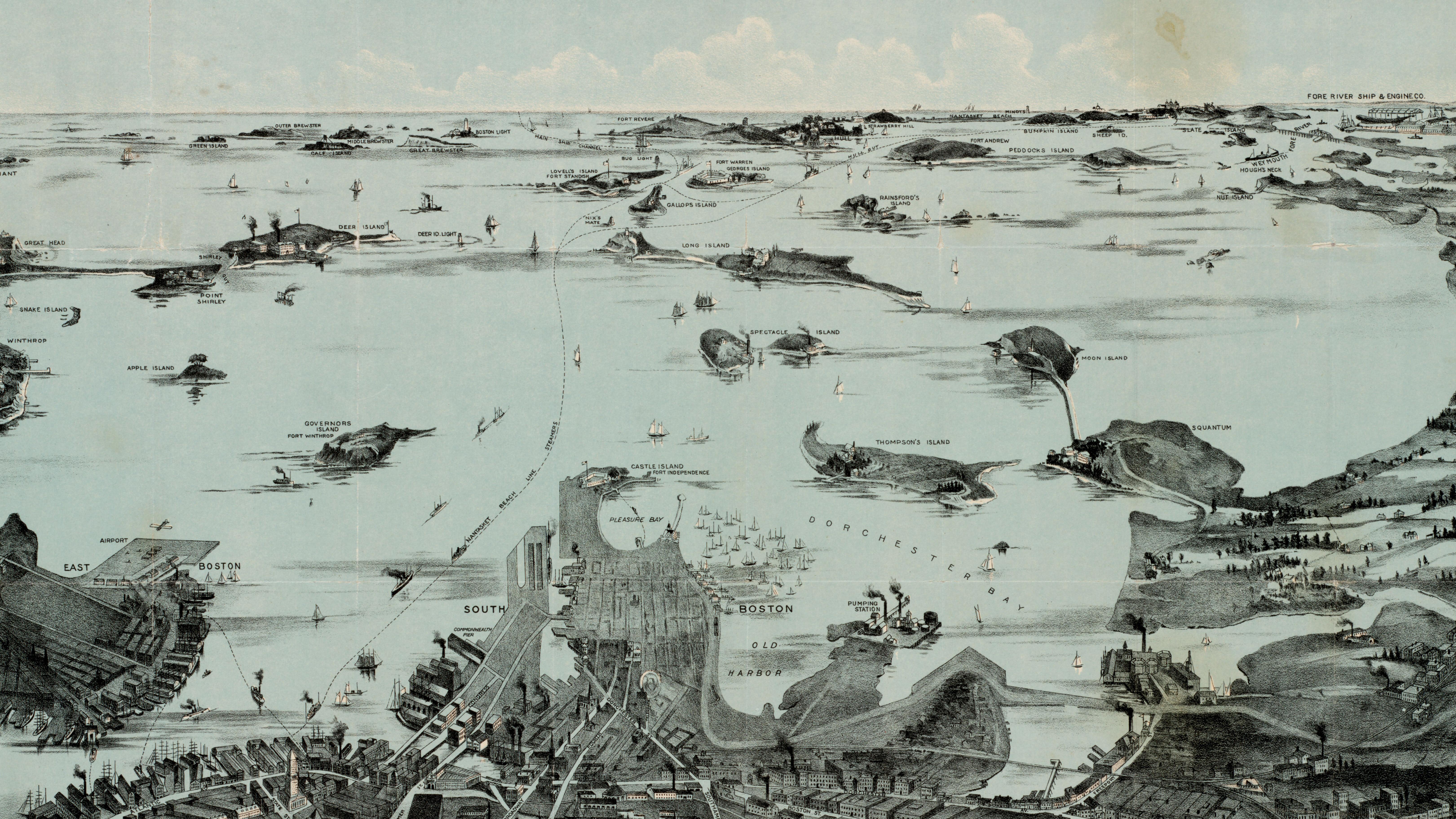 Map with a bird's eye view from the mainland overlooking Boston Harbor and the islands.