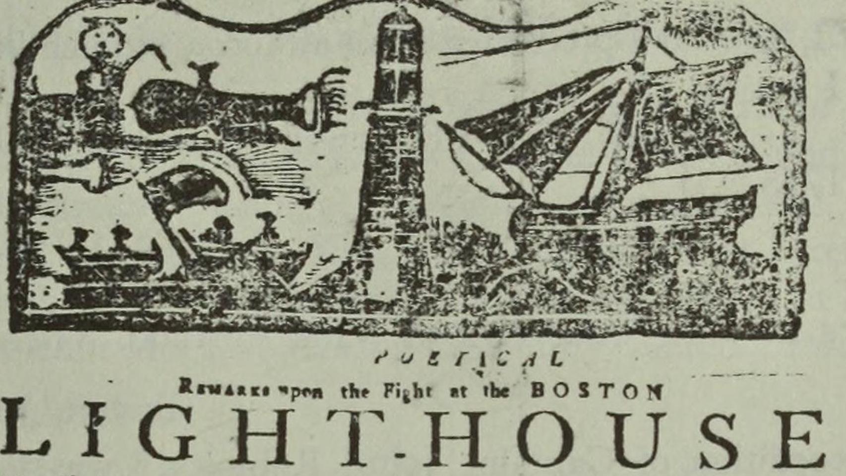 engraving of a lighthouse surrounded by ships and cannon.