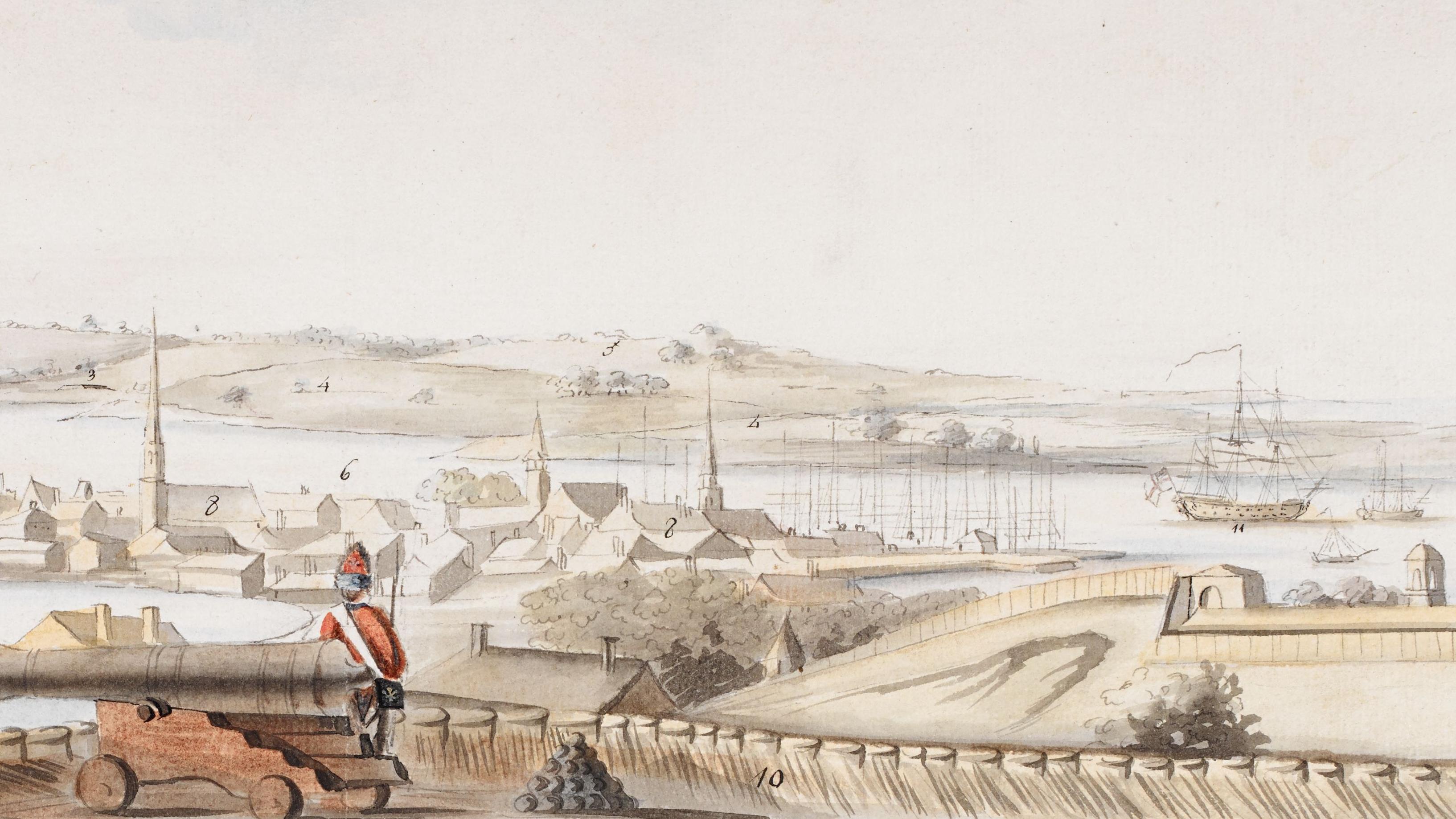painting from the top of Beacon Hill overlooking Boston and the surrounding harbor.