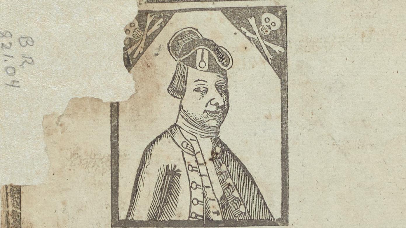 stamped engraving of a portrait of a sea captain with skulls and crossbones in each upper corner