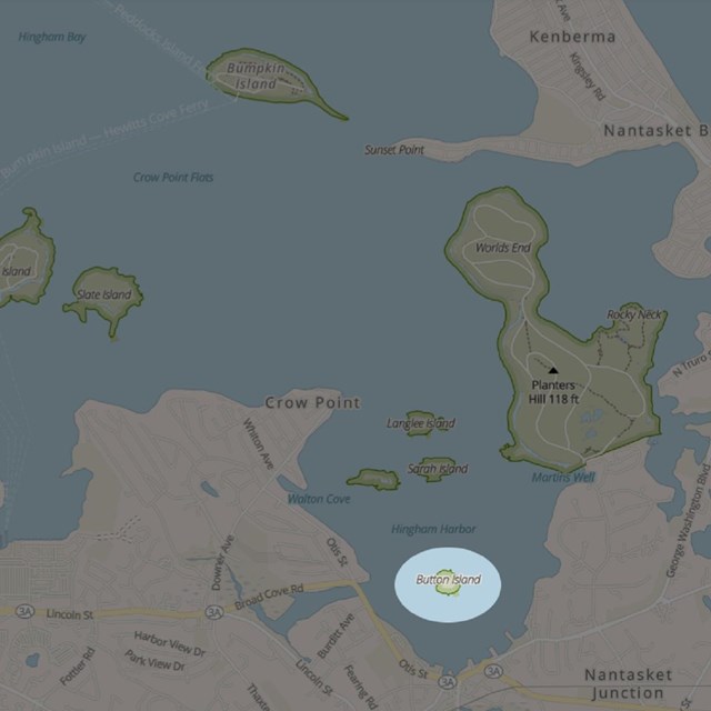 Map of Hingham Bay with Button Island highlighted